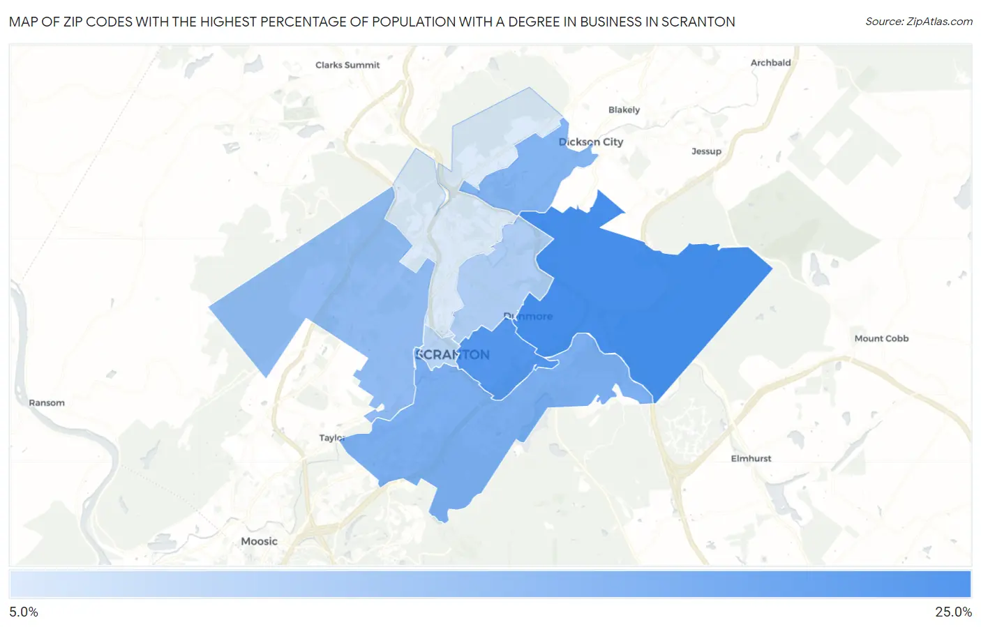 Zip Codes with the Highest Percentage of Population with a Degree in Business in Scranton Map