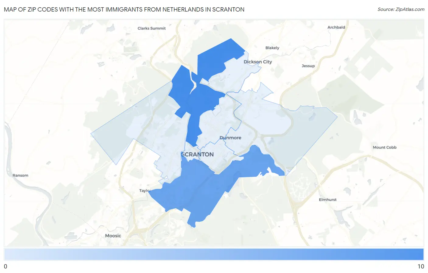 Zip Codes with the Most Immigrants from Netherlands in Scranton Map