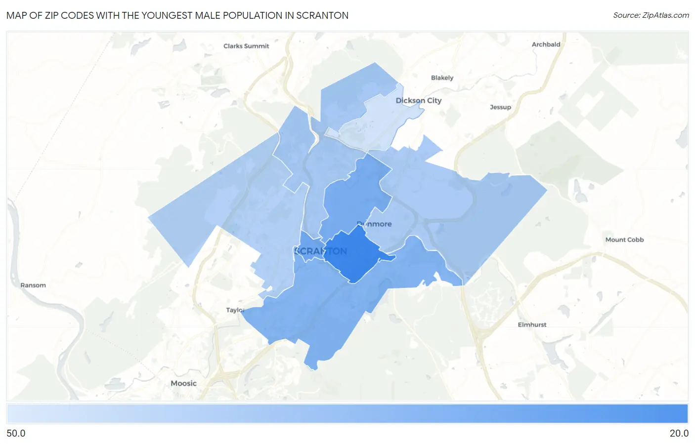 Zip Codes with the Youngest Male Population in Scranton Map