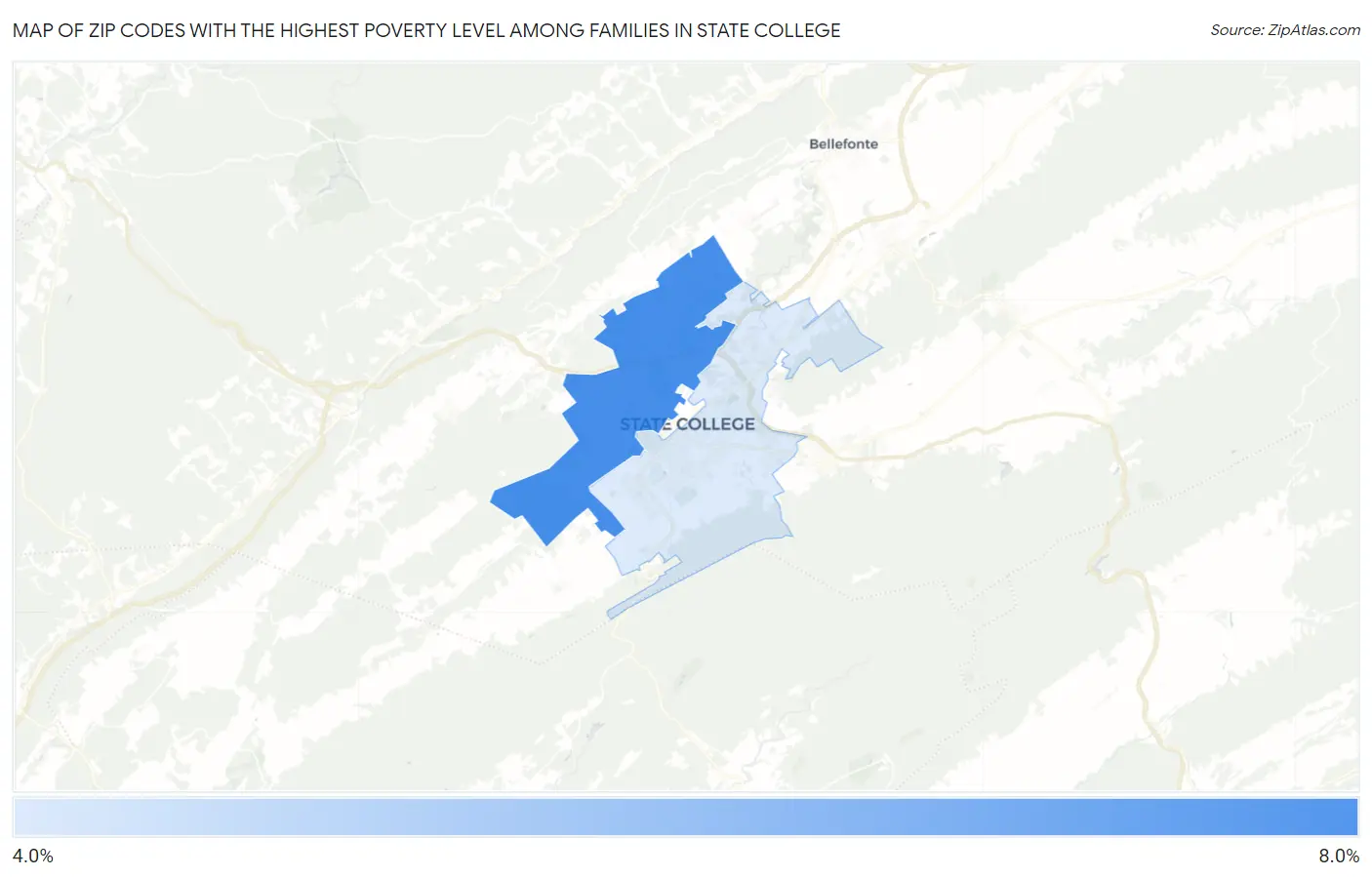 Zip Codes with the Highest Poverty Level Among Families in State College Map