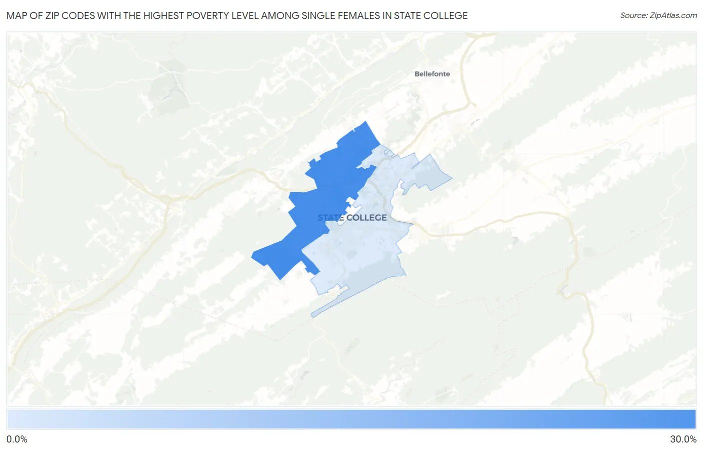 Zip Codes with the Highest Poverty Level Among Single Females in State College Map