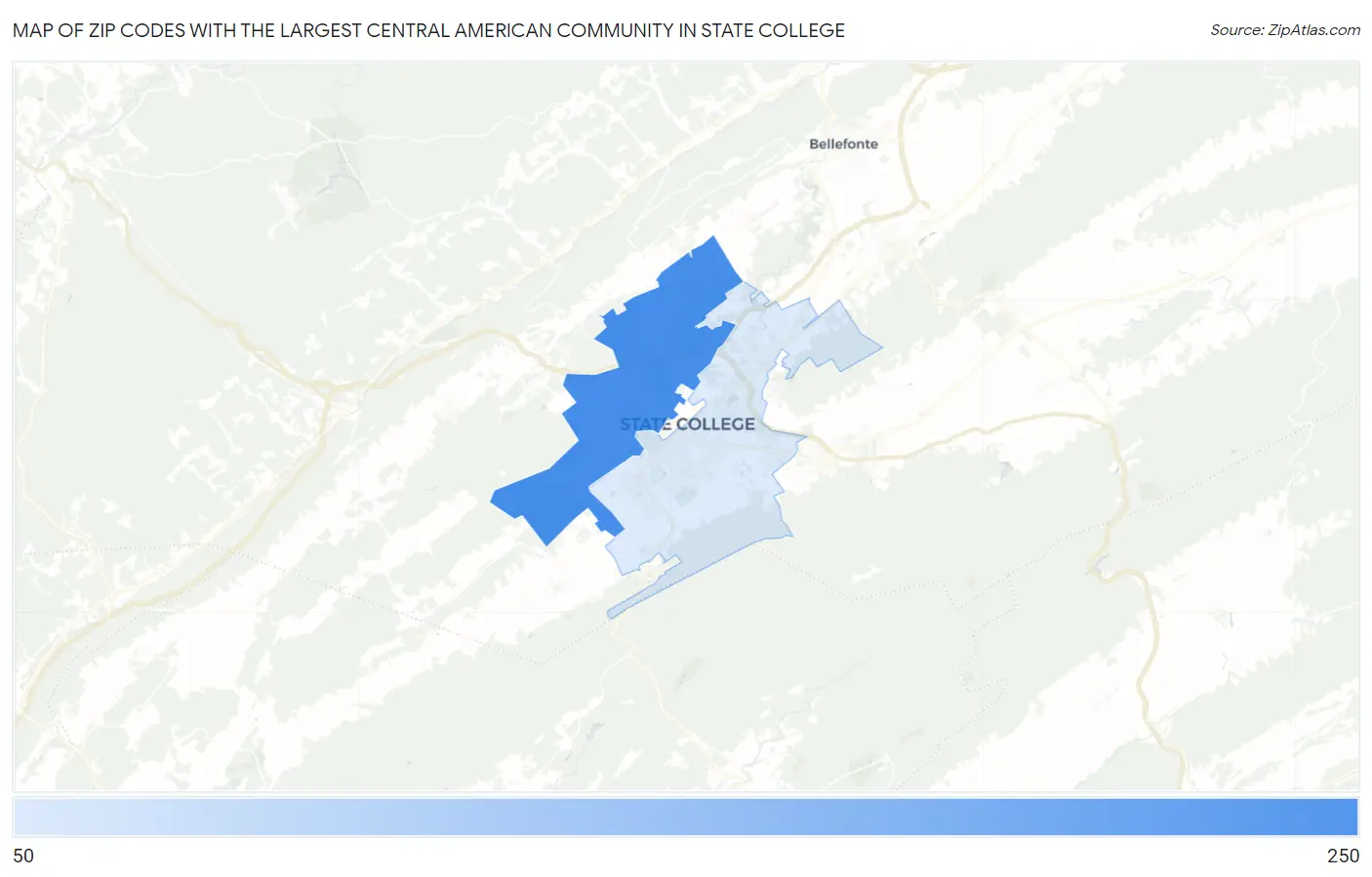 Zip Codes with the Largest Central American Community in State College Map