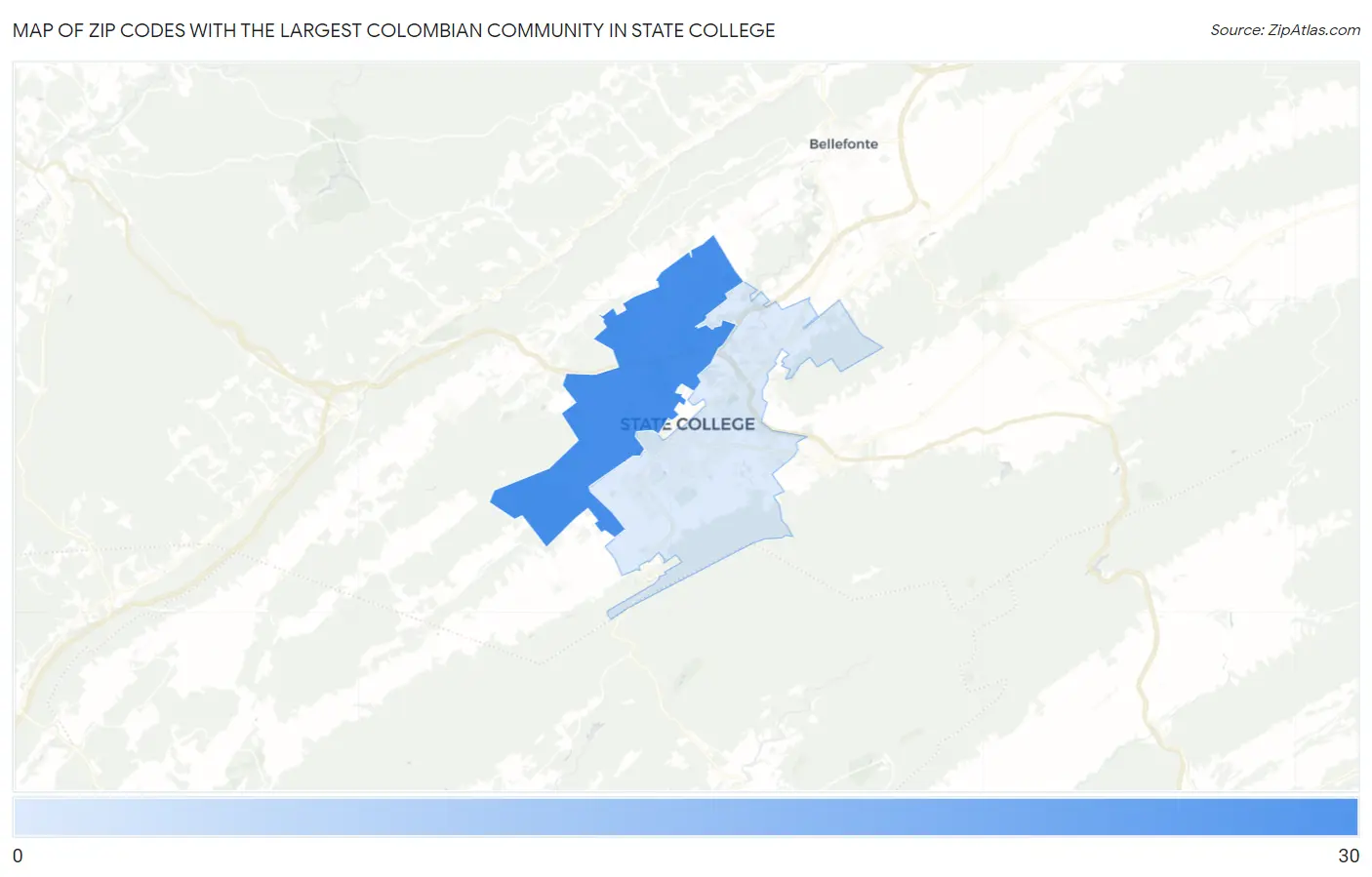 Zip Codes with the Largest Colombian Community in State College Map