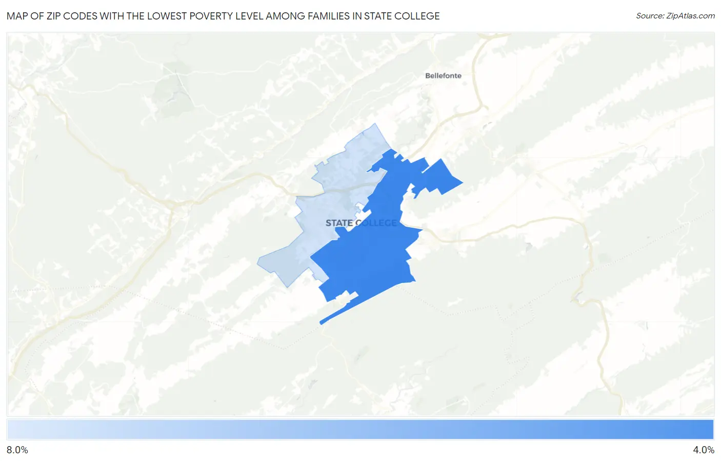 Zip Codes with the Lowest Poverty Level Among Families in State College Map
