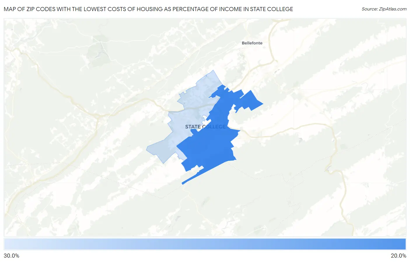 Zip Codes with the Lowest Costs of Housing as Percentage of Income in State College Map