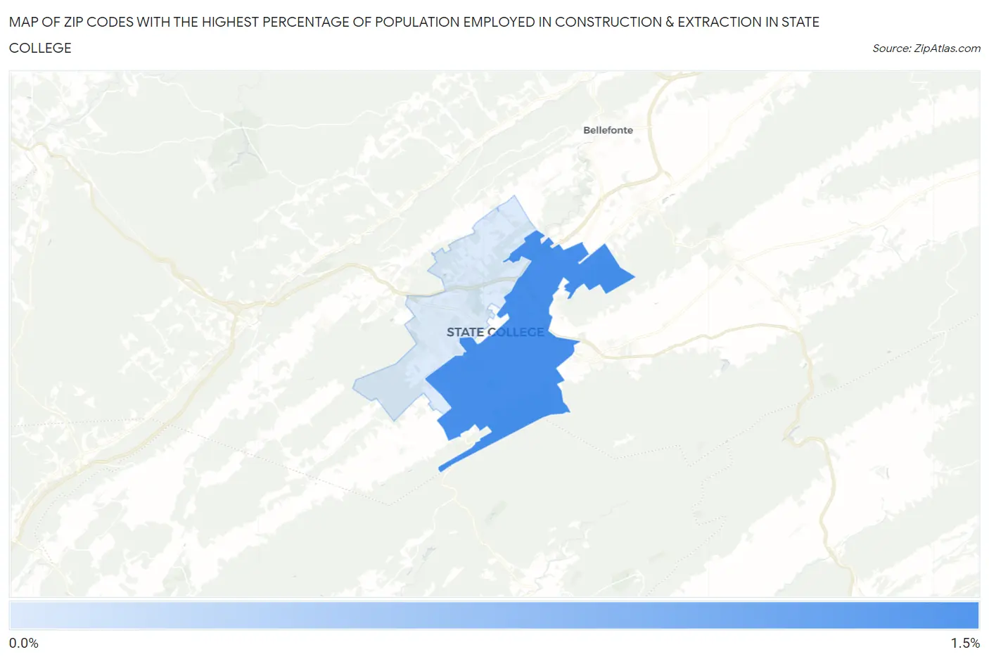 Zip Codes with the Highest Percentage of Population Employed in Construction & Extraction in State College Map