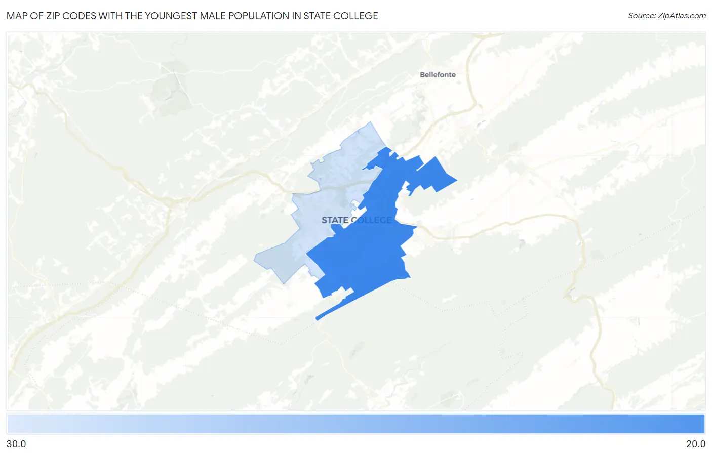 Zip Codes with the Youngest Male Population in State College Map