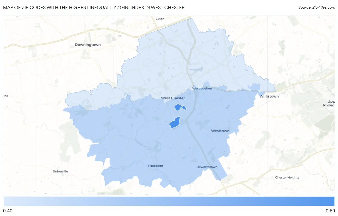 Zip Codes with the Highest Inequality / Gini Index in West Chester Map