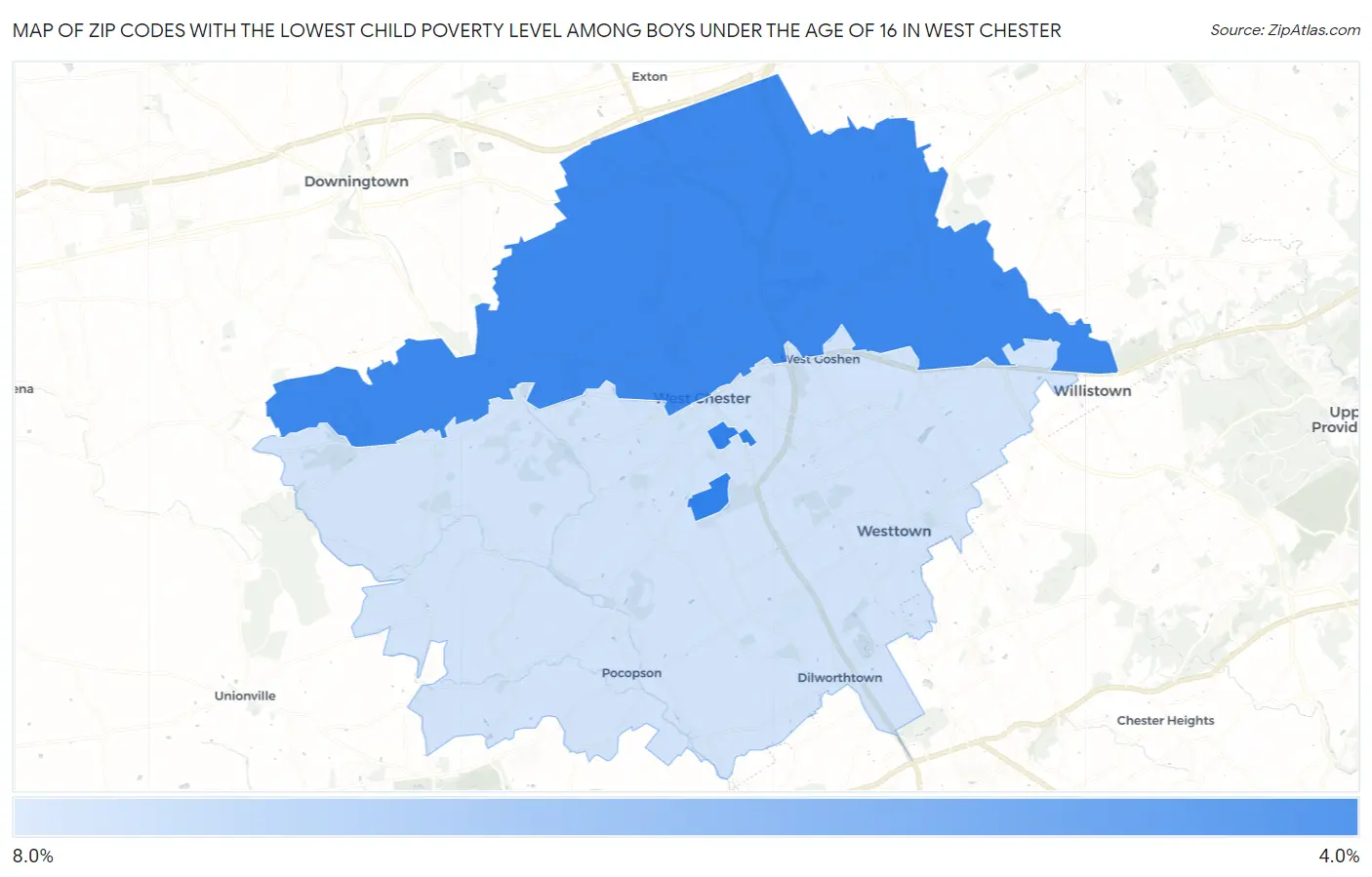 Zip Codes with the Lowest Child Poverty Level Among Boys Under the Age of 16 in West Chester Map