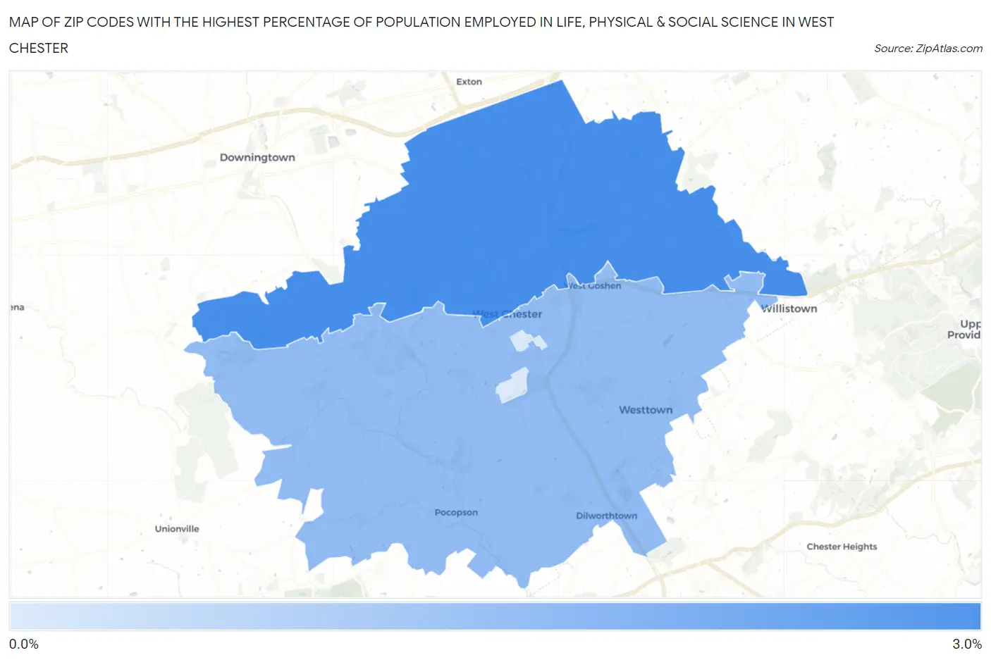 Zip Codes with the Highest Percentage of Population Employed in Life, Physical & Social Science in West Chester Map