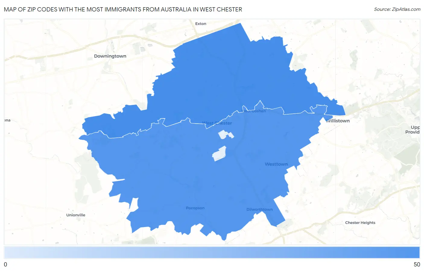 Zip Codes with the Most Immigrants from Australia in West Chester Map