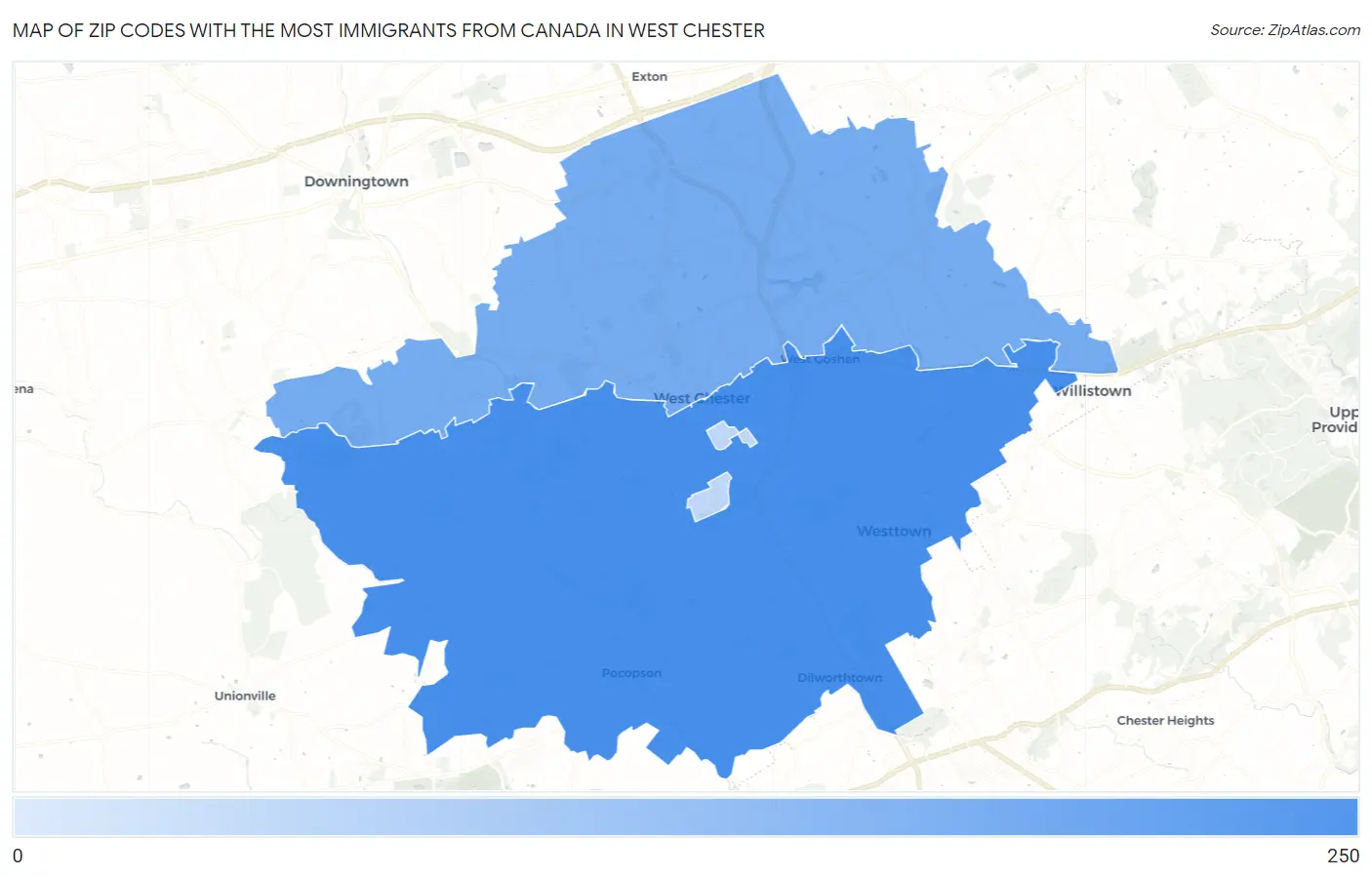 Zip Codes with the Most Immigrants from Canada in West Chester Map