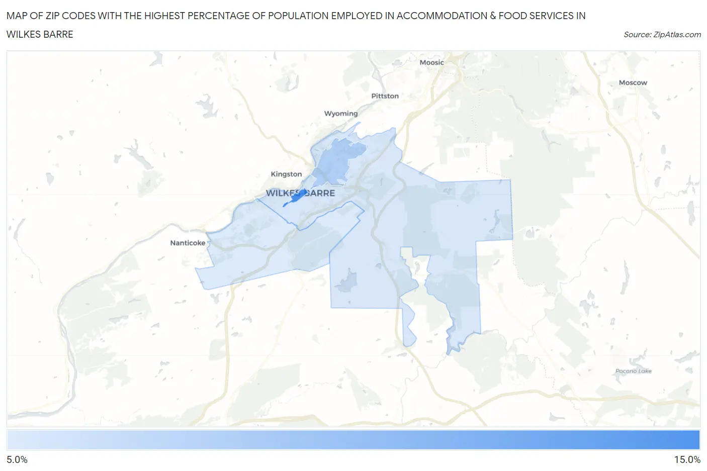 Zip Codes with the Highest Percentage of Population Employed in Accommodation & Food Services in Wilkes Barre Map