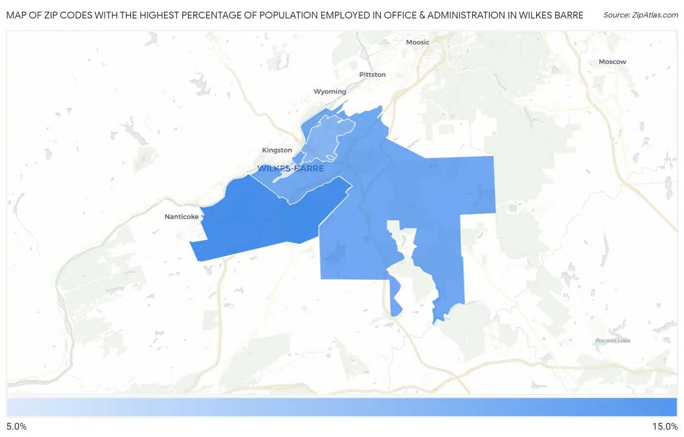 Zip Codes with the Highest Percentage of Population Employed in Office & Administration in Wilkes Barre Map