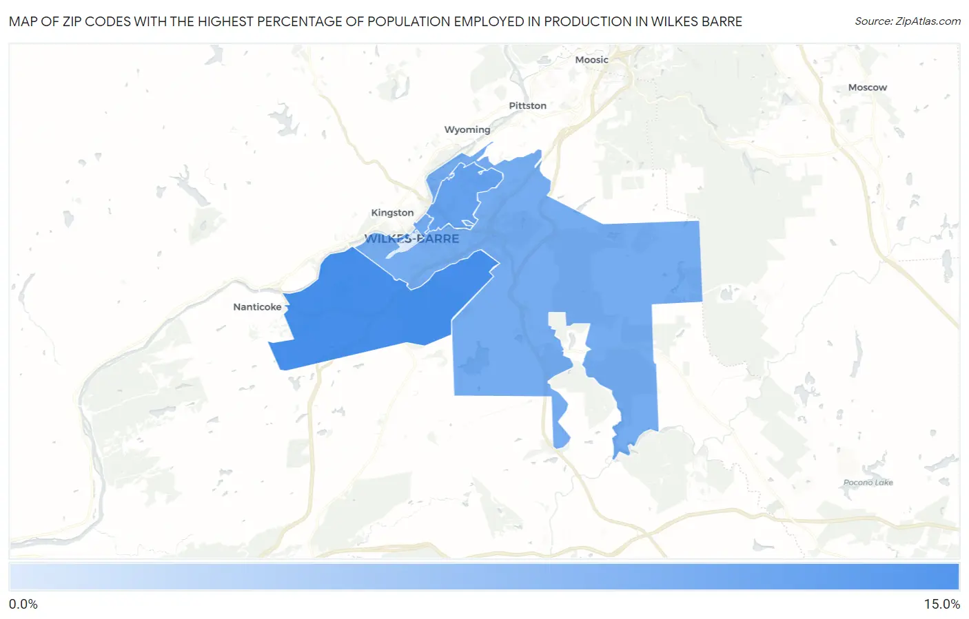 Zip Codes with the Highest Percentage of Population Employed in Production in Wilkes Barre Map