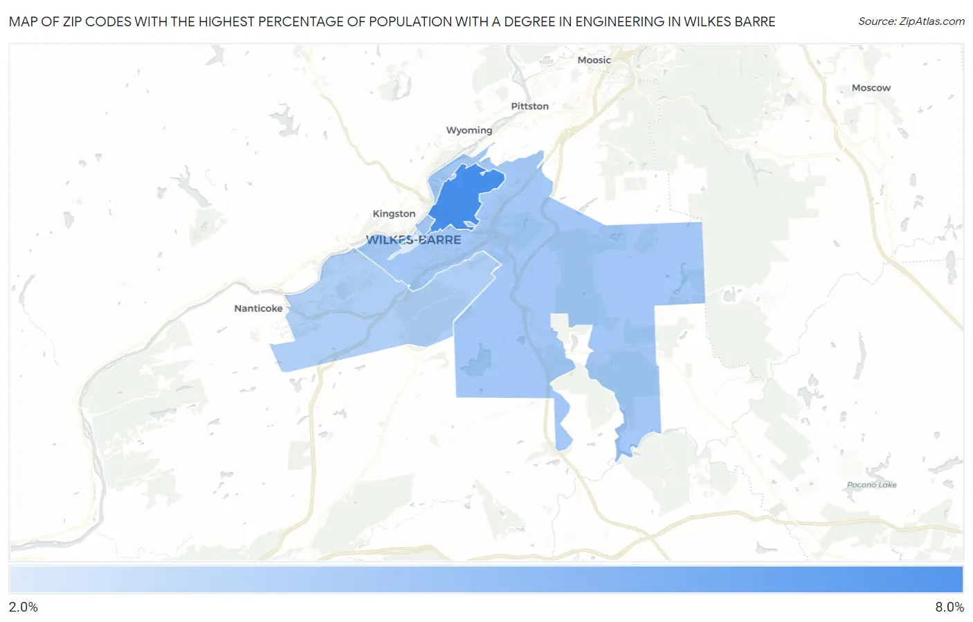 Zip Codes with the Highest Percentage of Population with a Degree in Engineering in Wilkes Barre Map