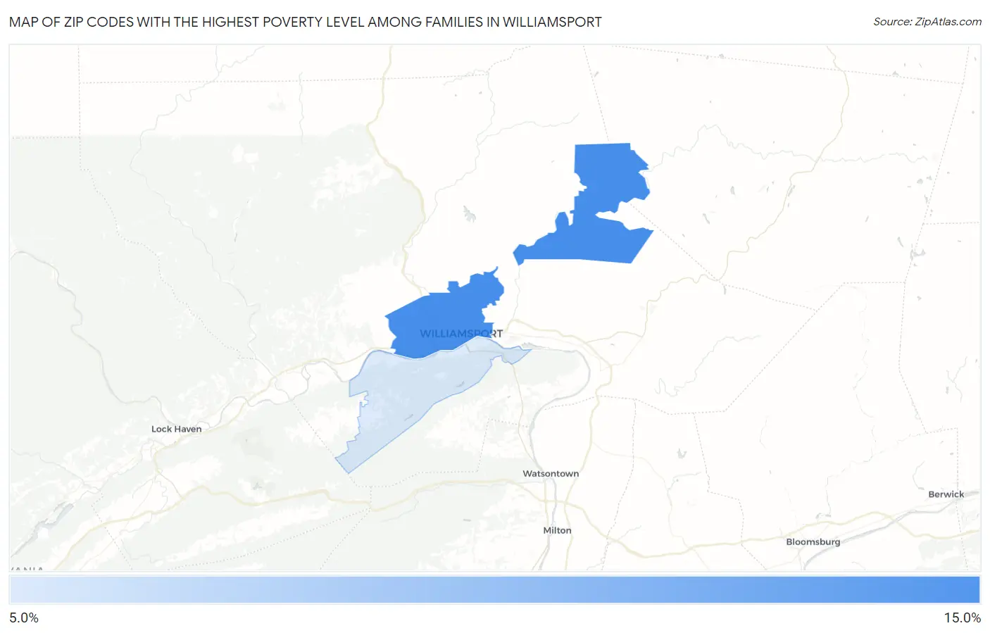 Zip Codes with the Highest Poverty Level Among Families in Williamsport Map