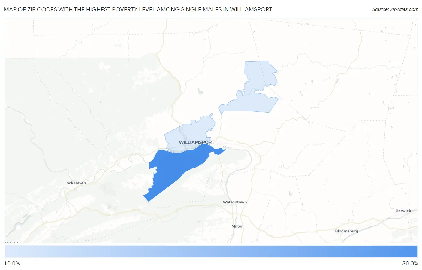 Zip Codes with the Highest Poverty Level Among Single Males in Williamsport Map
