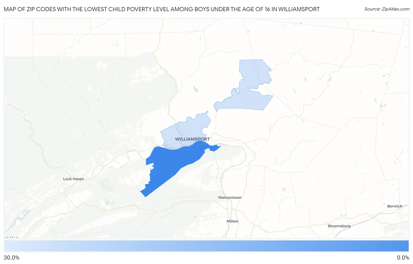 Zip Codes with the Lowest Child Poverty Level Among Boys Under the Age of 16 in Williamsport Map