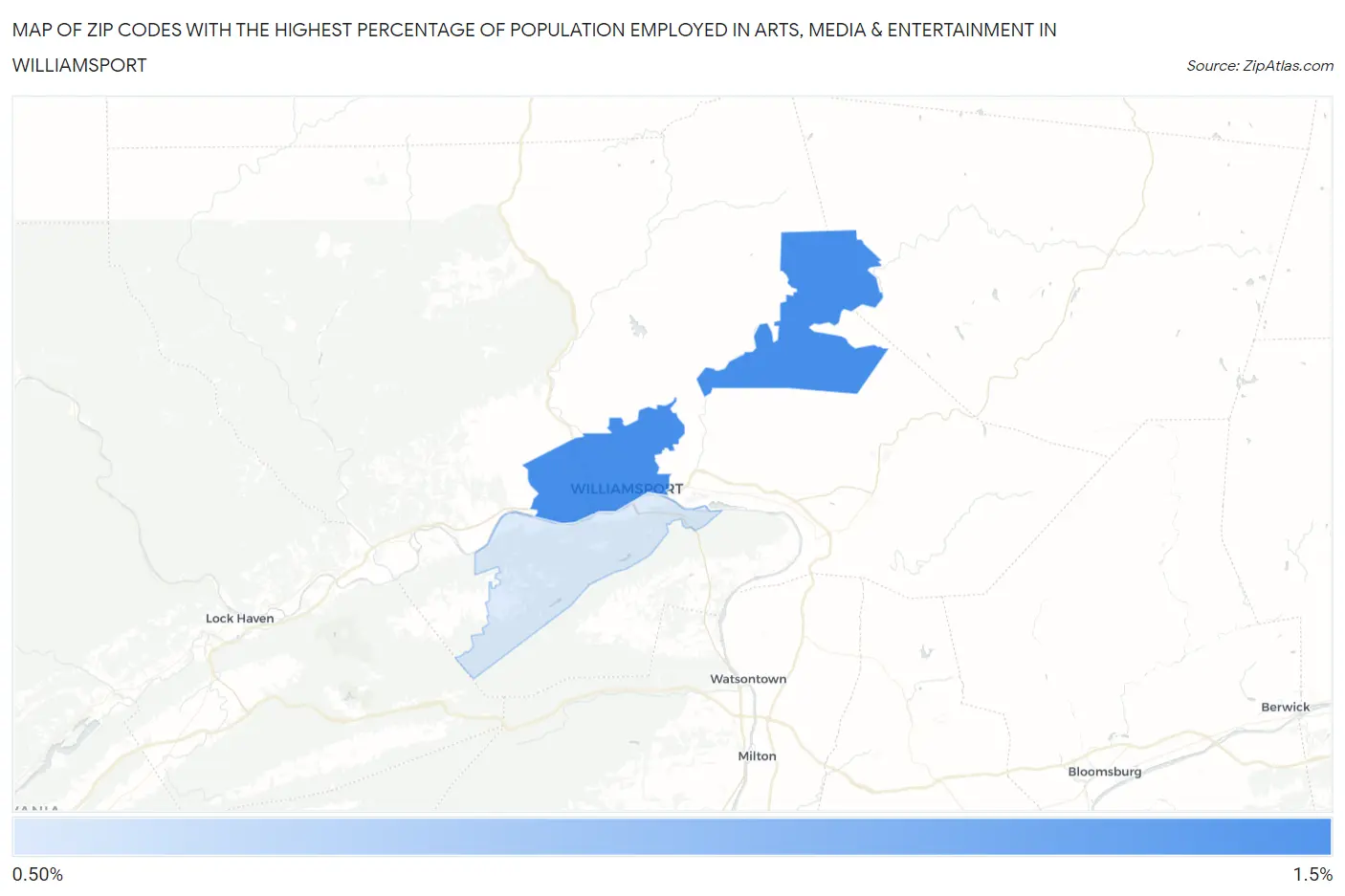 Zip Codes with the Highest Percentage of Population Employed in Arts, Media & Entertainment in Williamsport Map