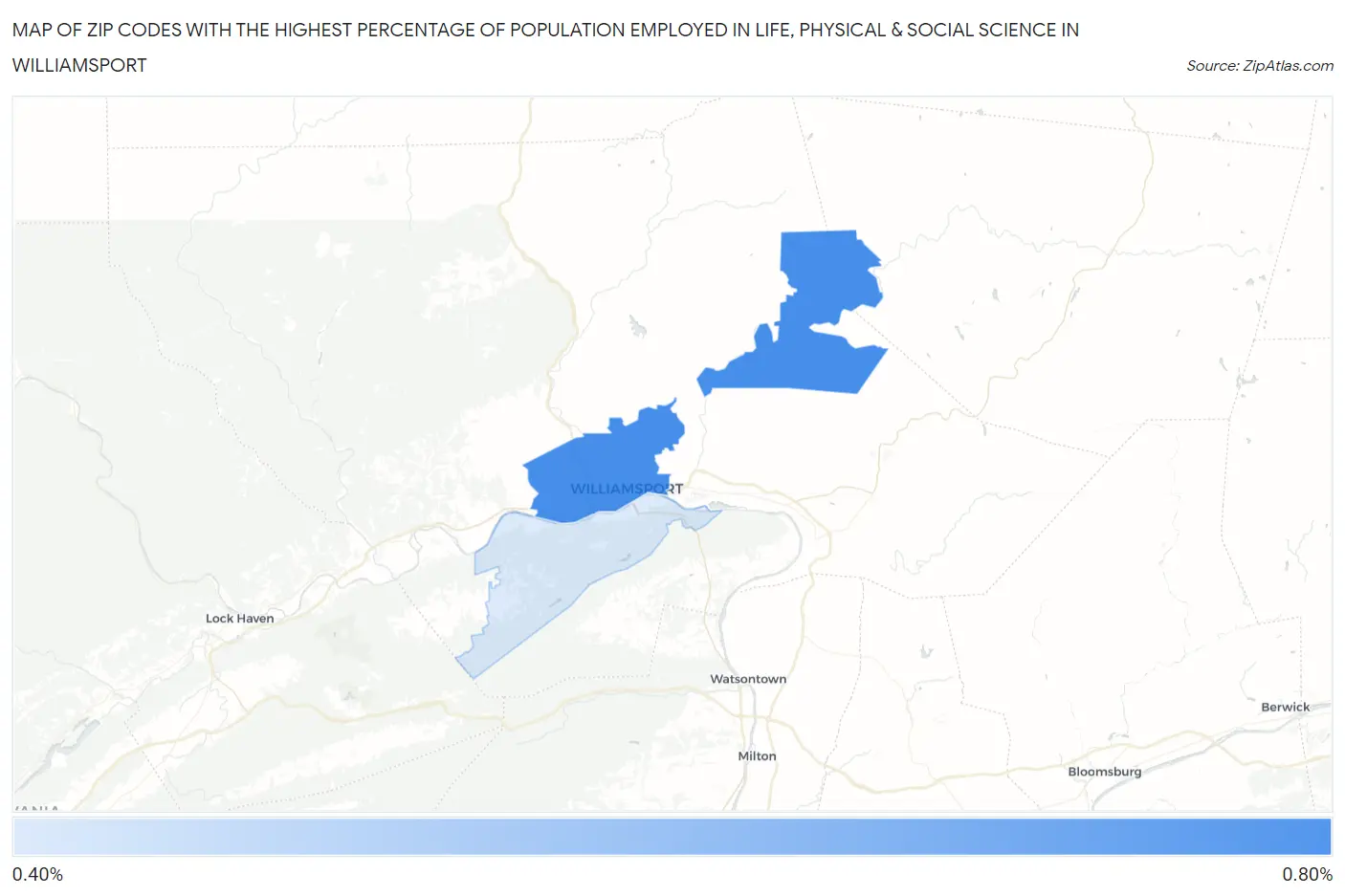 Zip Codes with the Highest Percentage of Population Employed in Life, Physical & Social Science in Williamsport Map