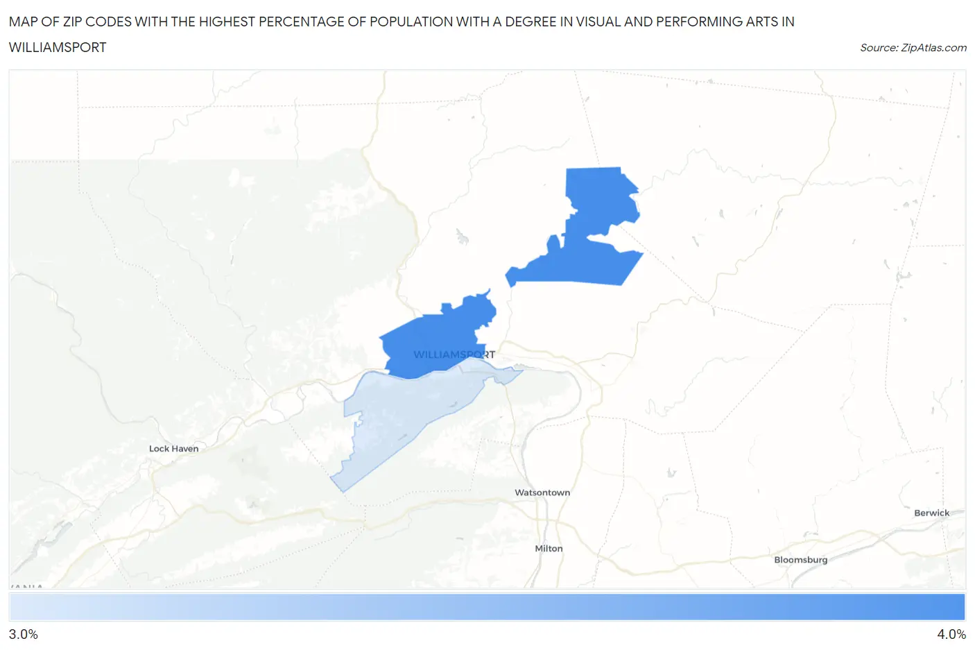 Zip Codes with the Highest Percentage of Population with a Degree in Visual and Performing Arts in Williamsport Map