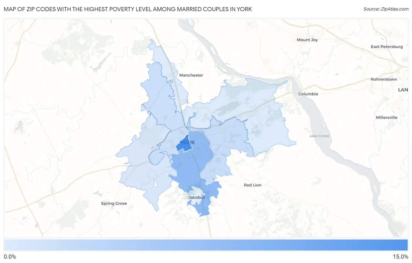 Zip Codes with the Highest Poverty Level Among Married Couples in York Map