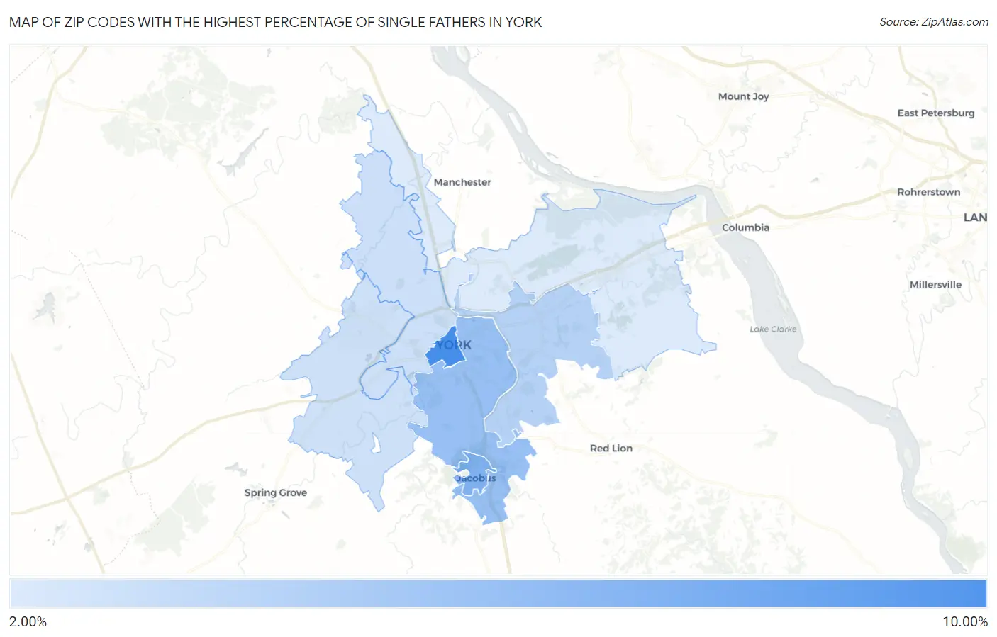 Zip Codes with the Highest Percentage of Single Fathers in York Map