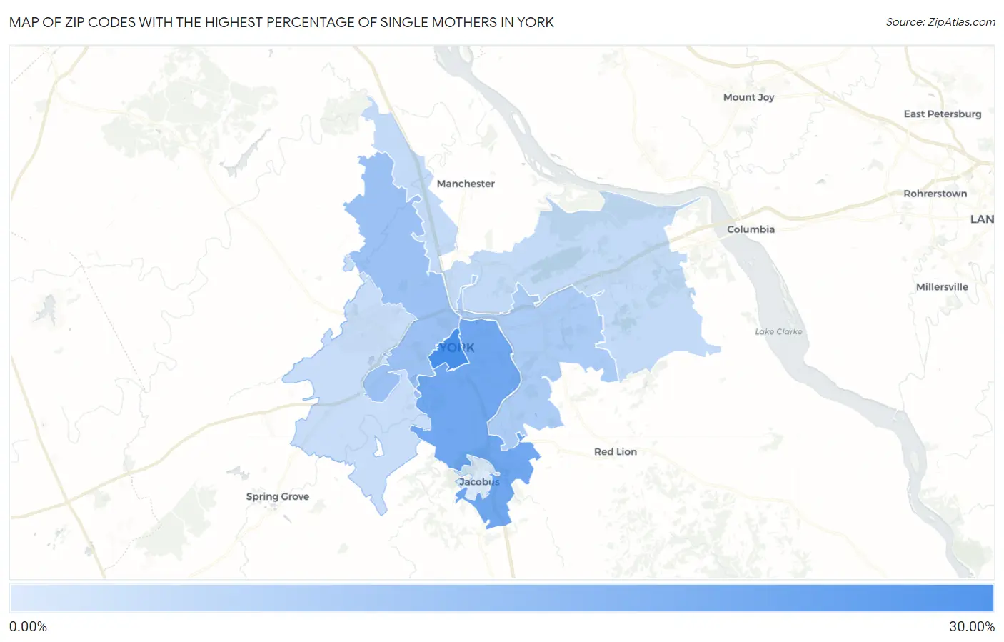 Zip Codes with the Highest Percentage of Single Mothers in York Map