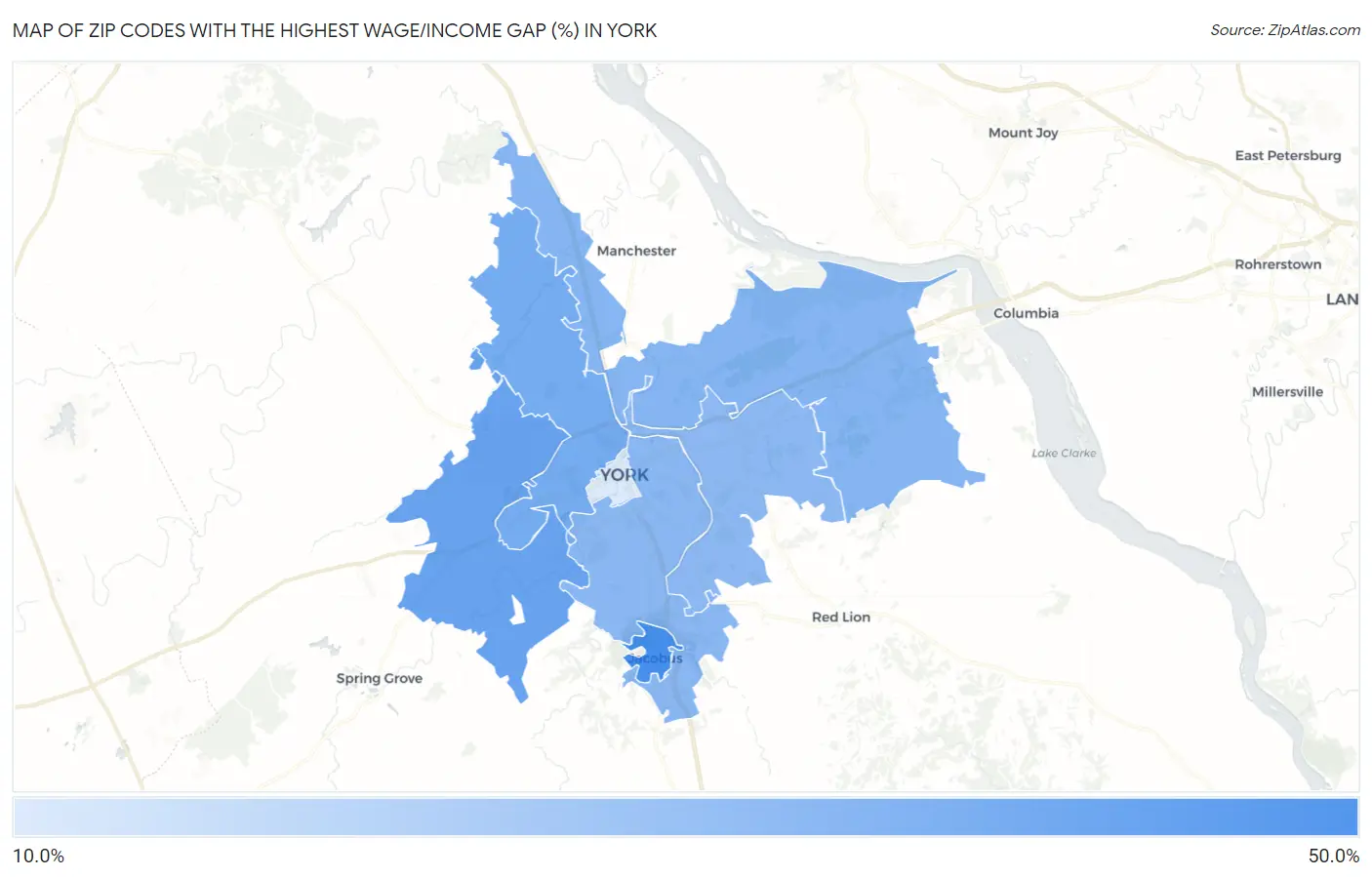 Zip Codes with the Highest Wage/Income Gap (%) in York Map
