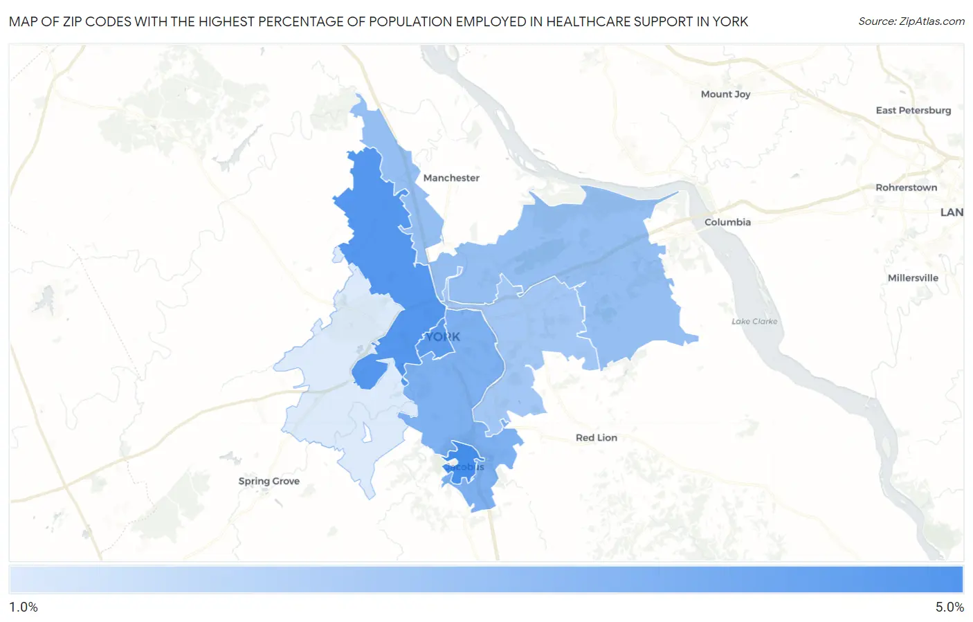 Zip Codes with the Highest Percentage of Population Employed in Healthcare Support in York Map