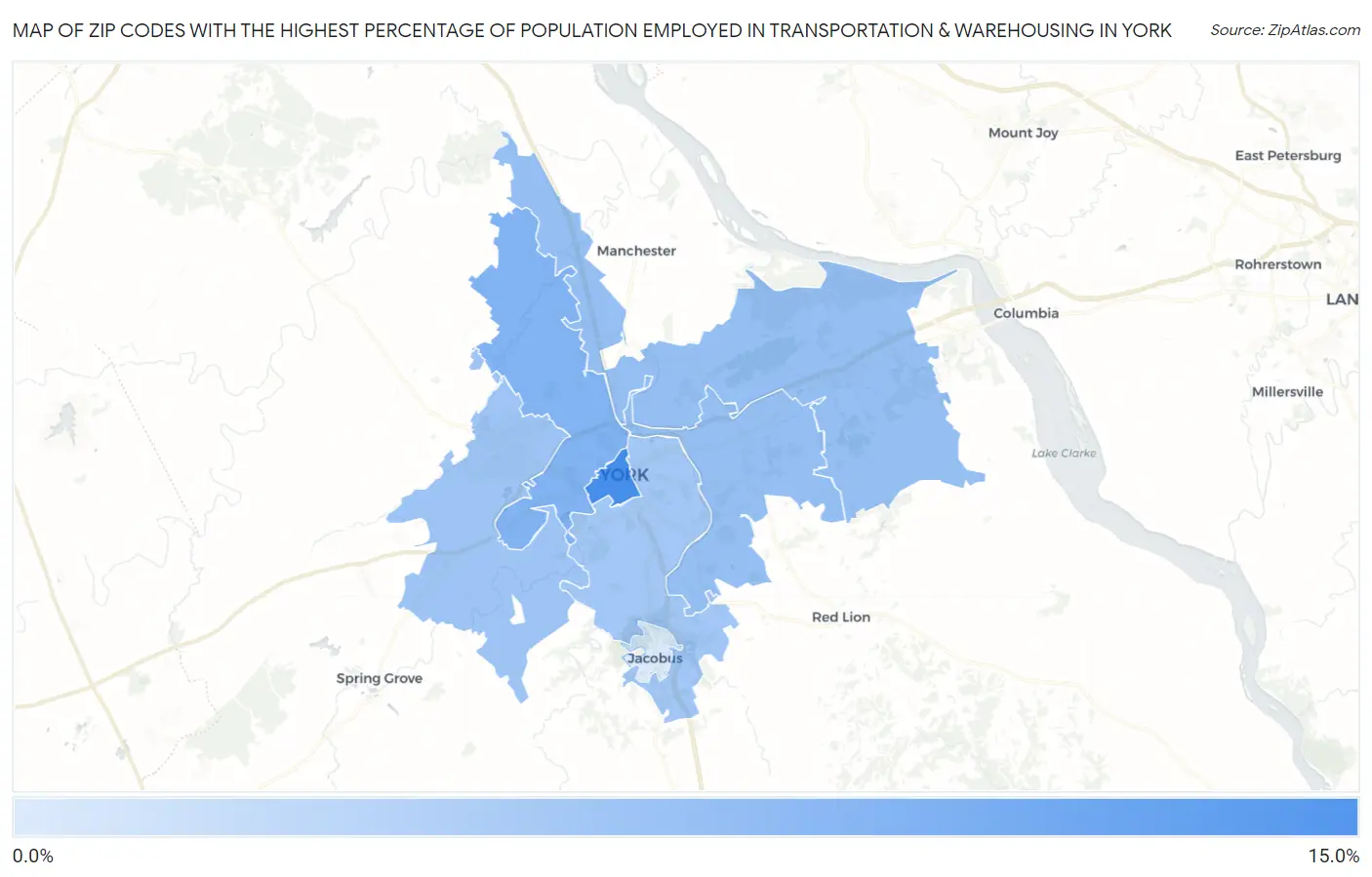 Zip Codes with the Highest Percentage of Population Employed in Transportation & Warehousing in York Map