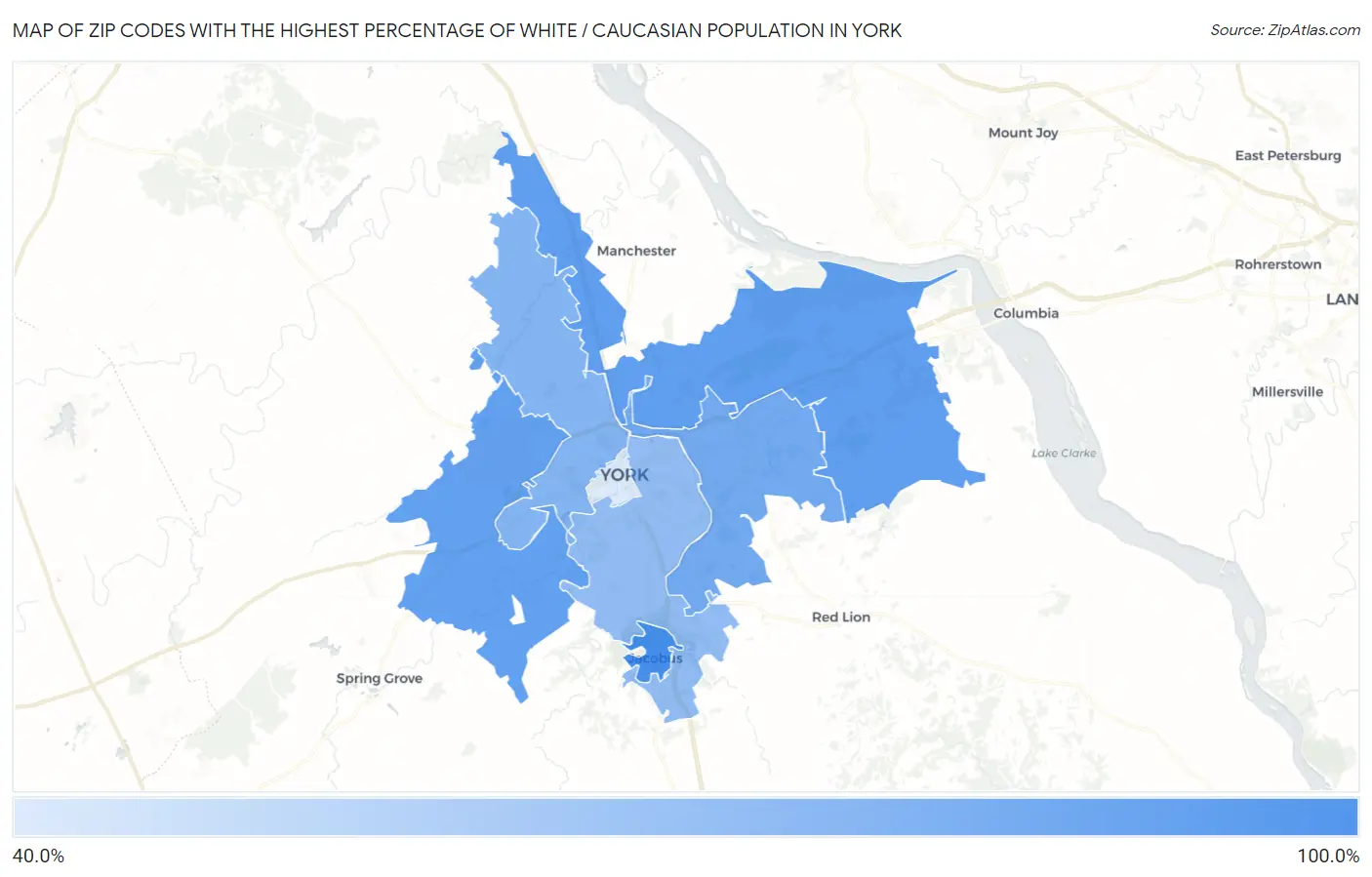 Zip Codes with the Highest Percentage of White / Caucasian Population in York Map