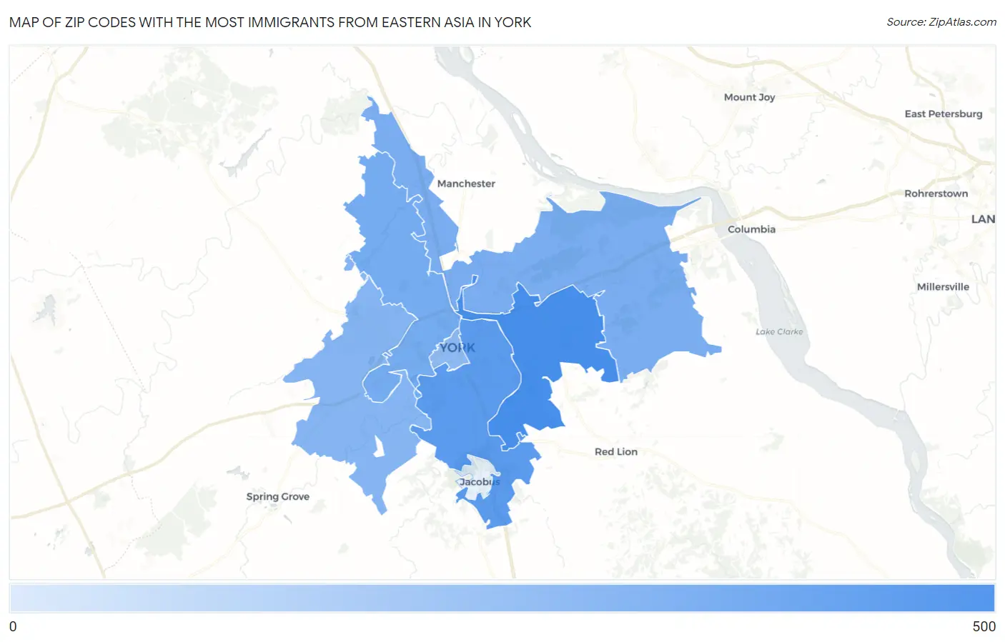 Zip Codes with the Most Immigrants from Eastern Asia in York Map