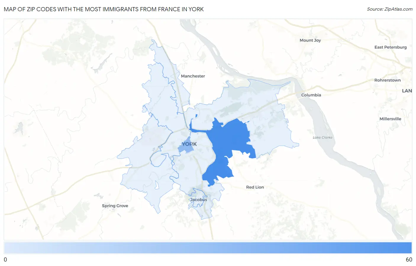Zip Codes with the Most Immigrants from France in York Map
