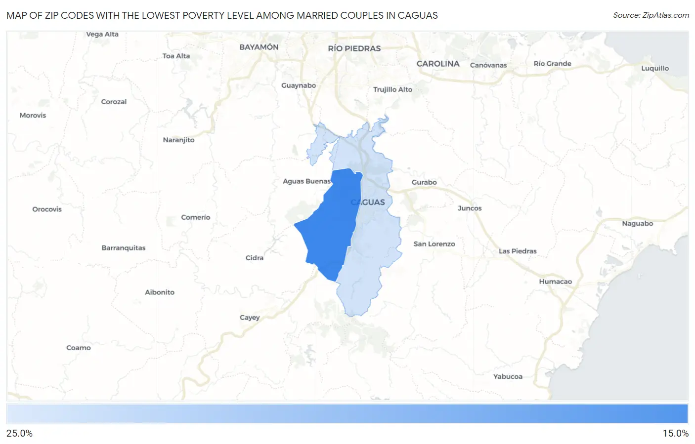 Zip Codes with the Lowest Poverty Level Among Married Couples in Caguas Map