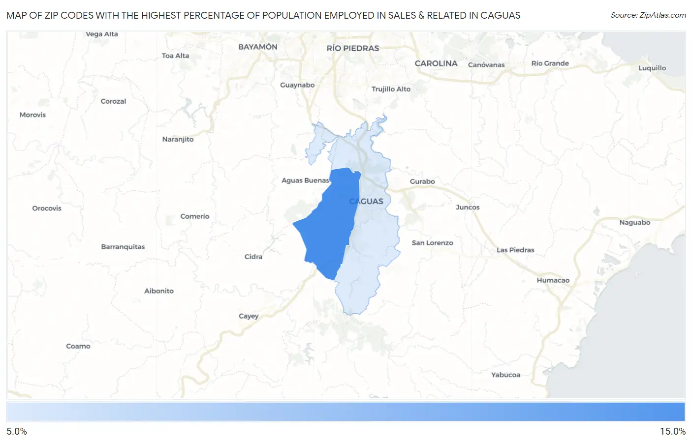 Zip Codes with the Highest Percentage of Population Employed in Sales & Related in Caguas Map