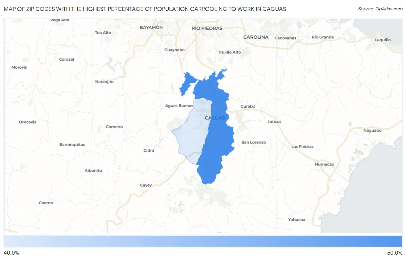 Zip Codes with the Highest Percentage of Population Carpooling to Work in Caguas Map