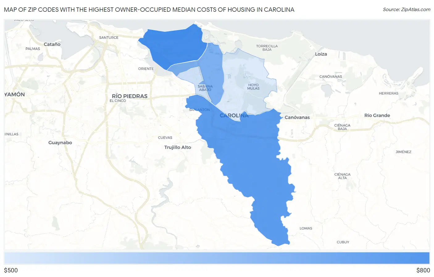 Zip Codes with the Highest Owner-Occupied Median Costs of Housing in Carolina Map