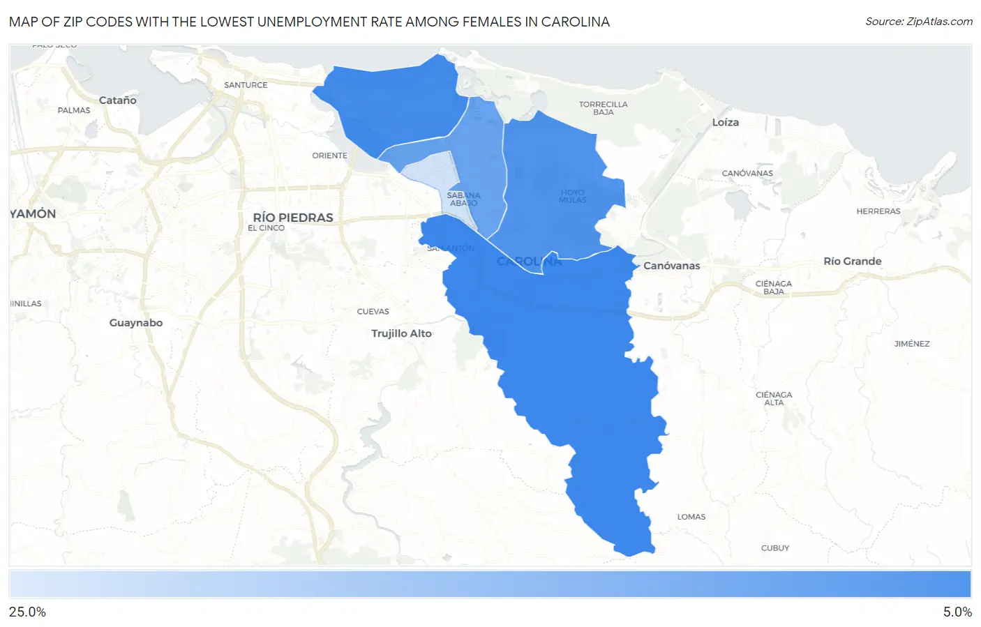 Zip Codes with the Lowest Unemployment Rate Among Females in Carolina Map