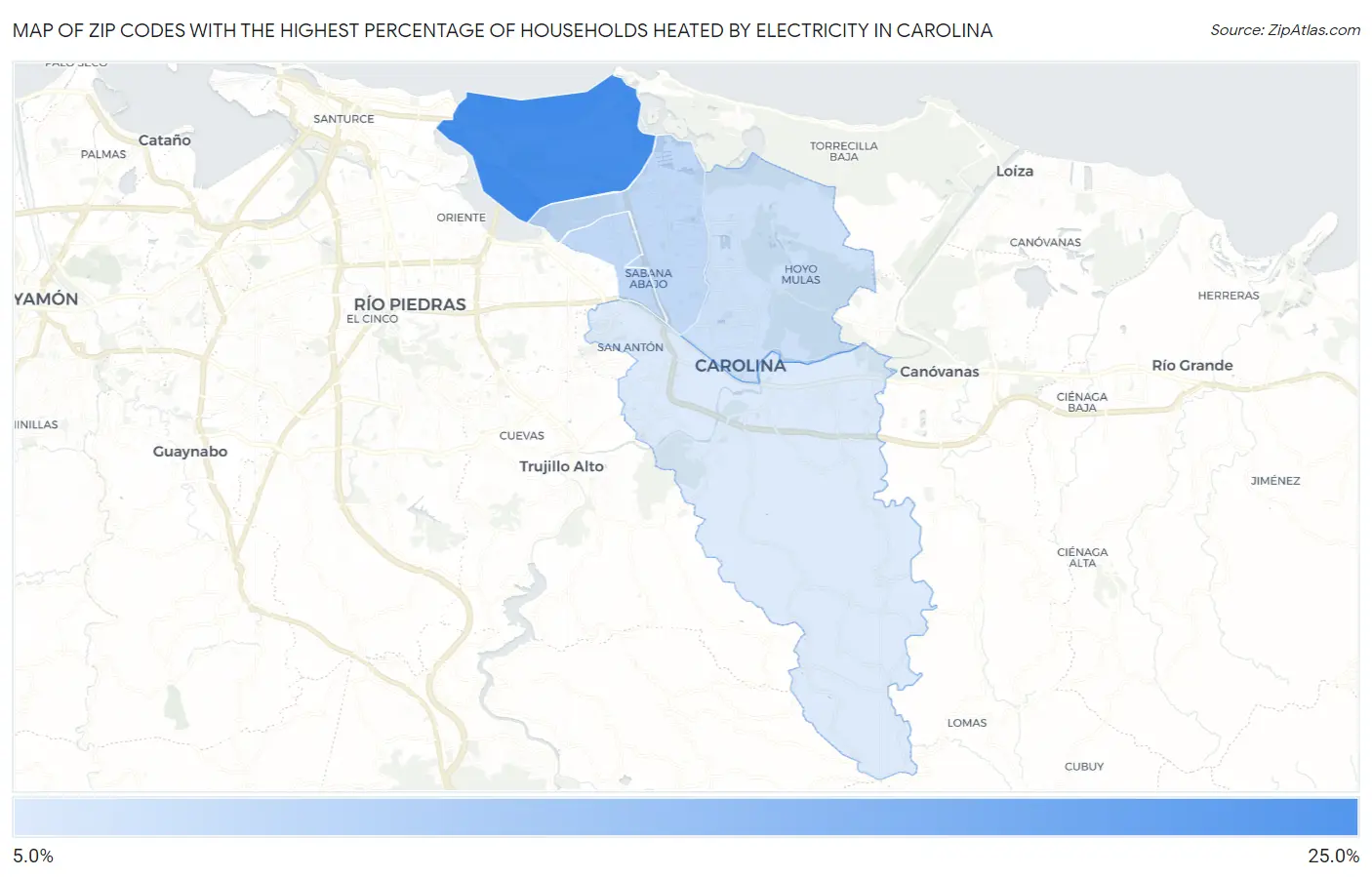 Zip Codes with the Highest Percentage of Households Heated by Electricity in Carolina Map