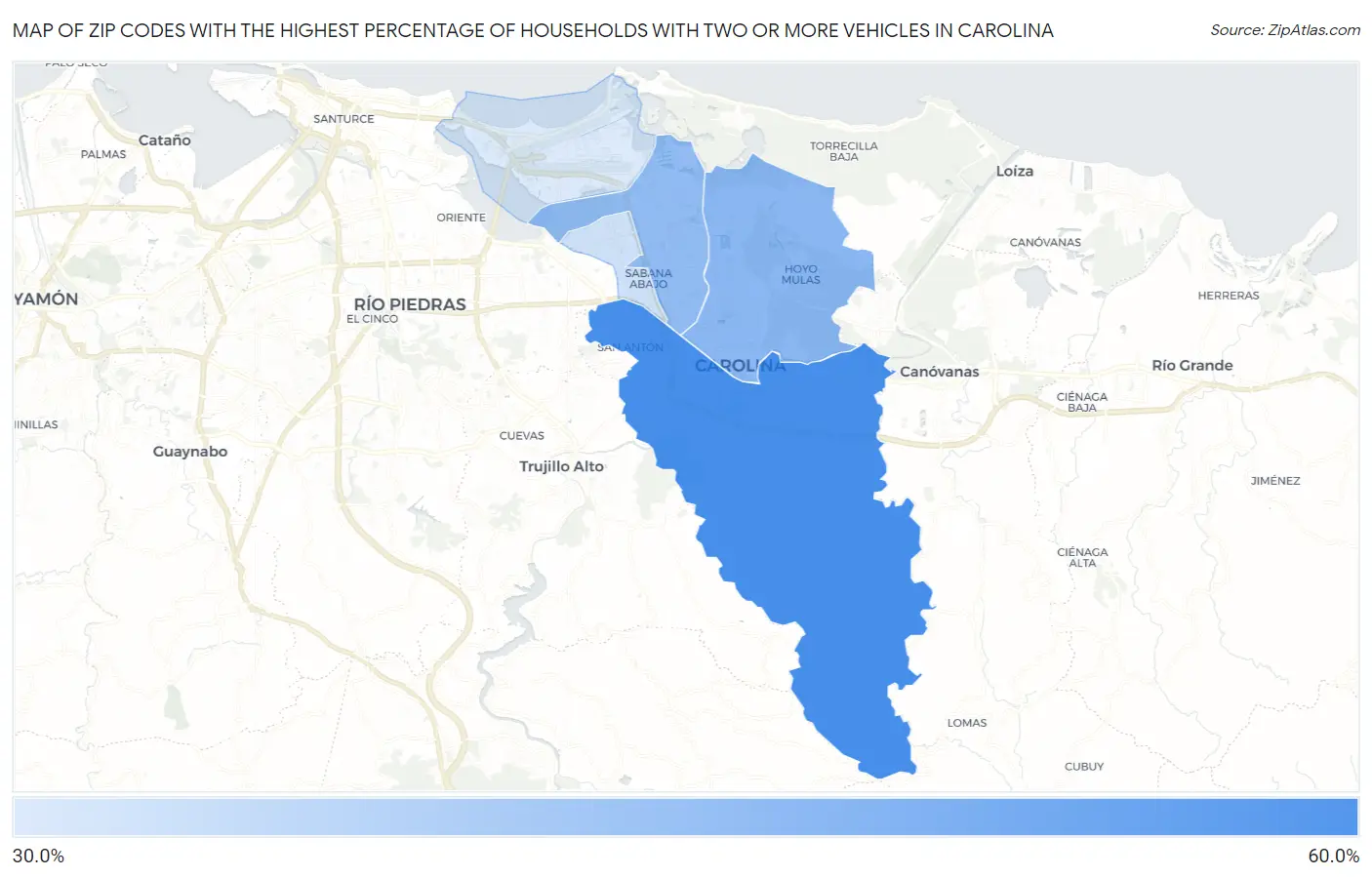 Zip Codes with the Highest Percentage of Households With Two or more Vehicles in Carolina Map