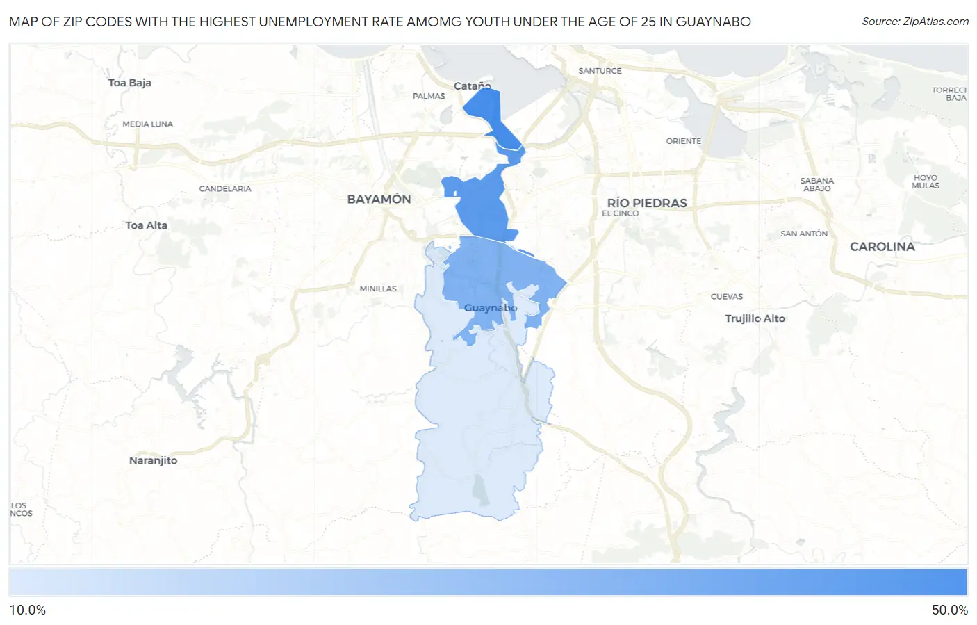 Zip Codes with the Highest Unemployment Rate Amomg Youth Under the Age of 25 in Guaynabo Map