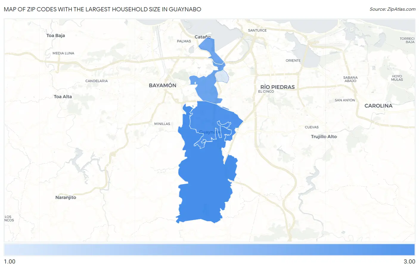 Zip Codes with the Largest Household Size in Guaynabo Map