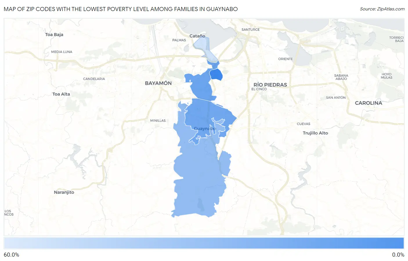Zip Codes with the Lowest Poverty Level Among Families in Guaynabo Map