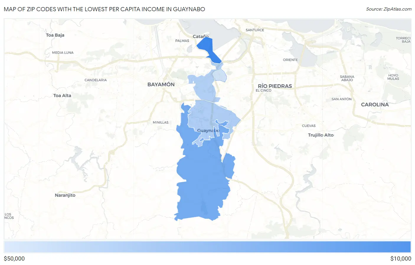 Zip Codes with the Lowest Per Capita Income in Guaynabo Map