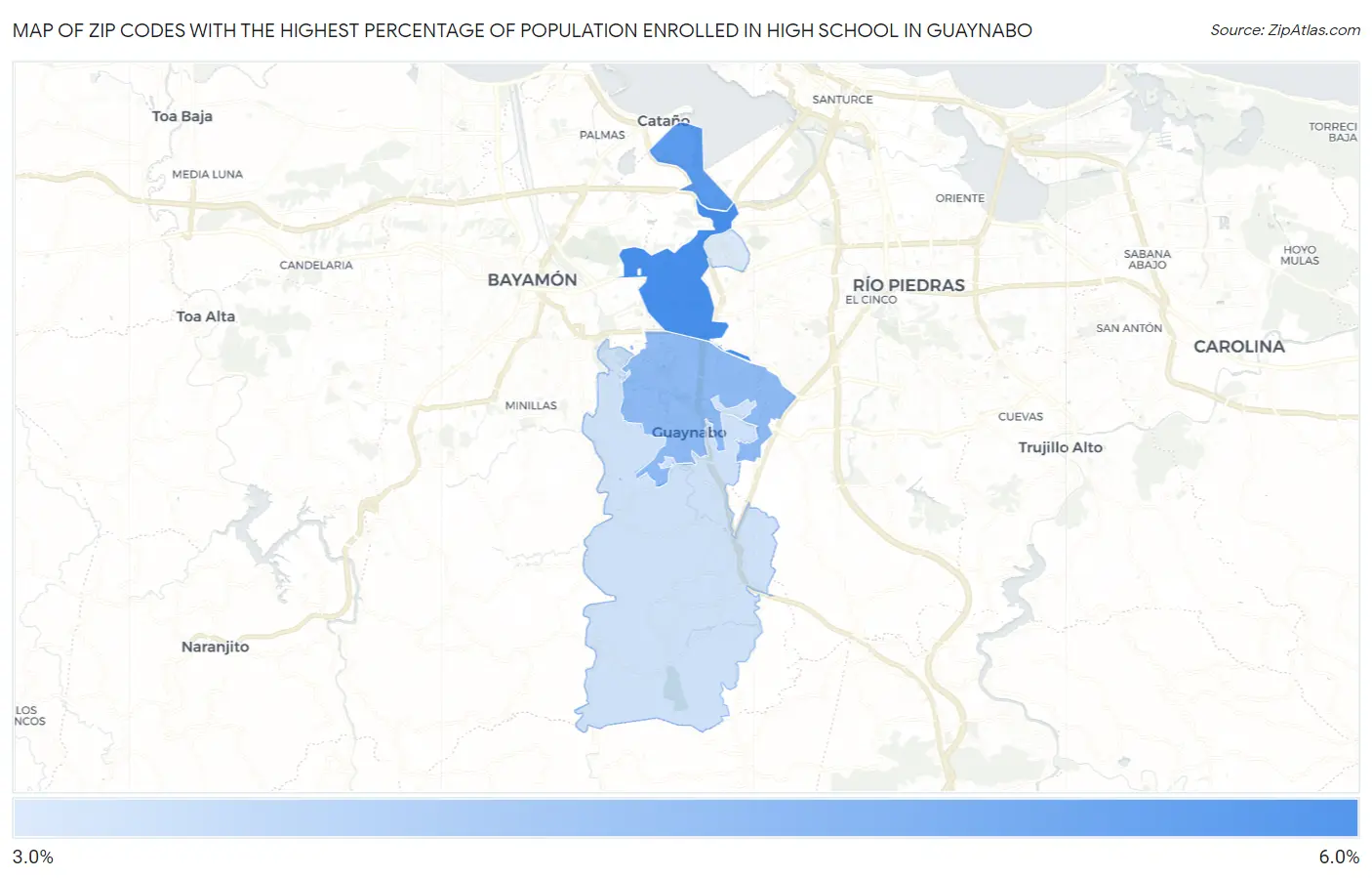 Zip Codes with the Highest Percentage of Population Enrolled in High School in Guaynabo Map