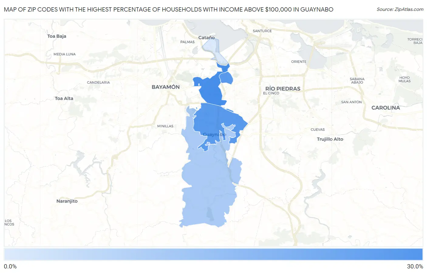 Zip Codes with the Highest Percentage of Households with Income Above $100,000 in Guaynabo Map