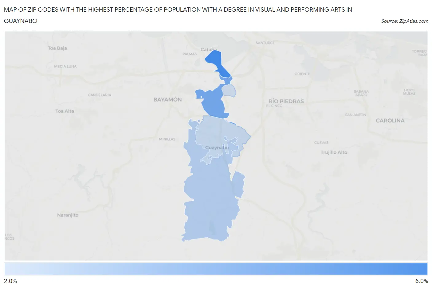 Zip Codes with the Highest Percentage of Population with a Degree in Visual and Performing Arts in Guaynabo Map