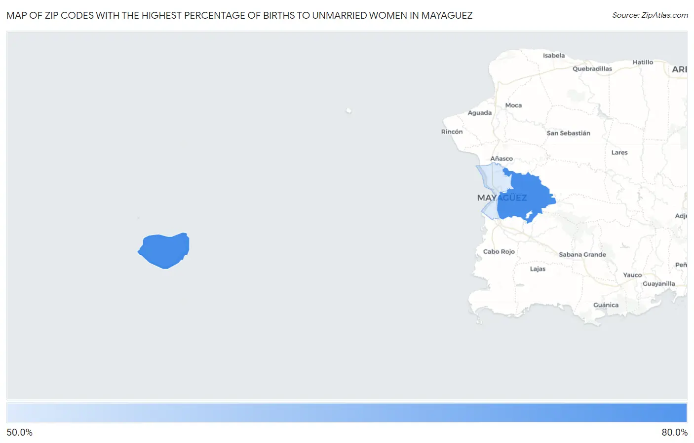 Zip Codes with the Highest Percentage of Births to Unmarried Women in Mayaguez Map